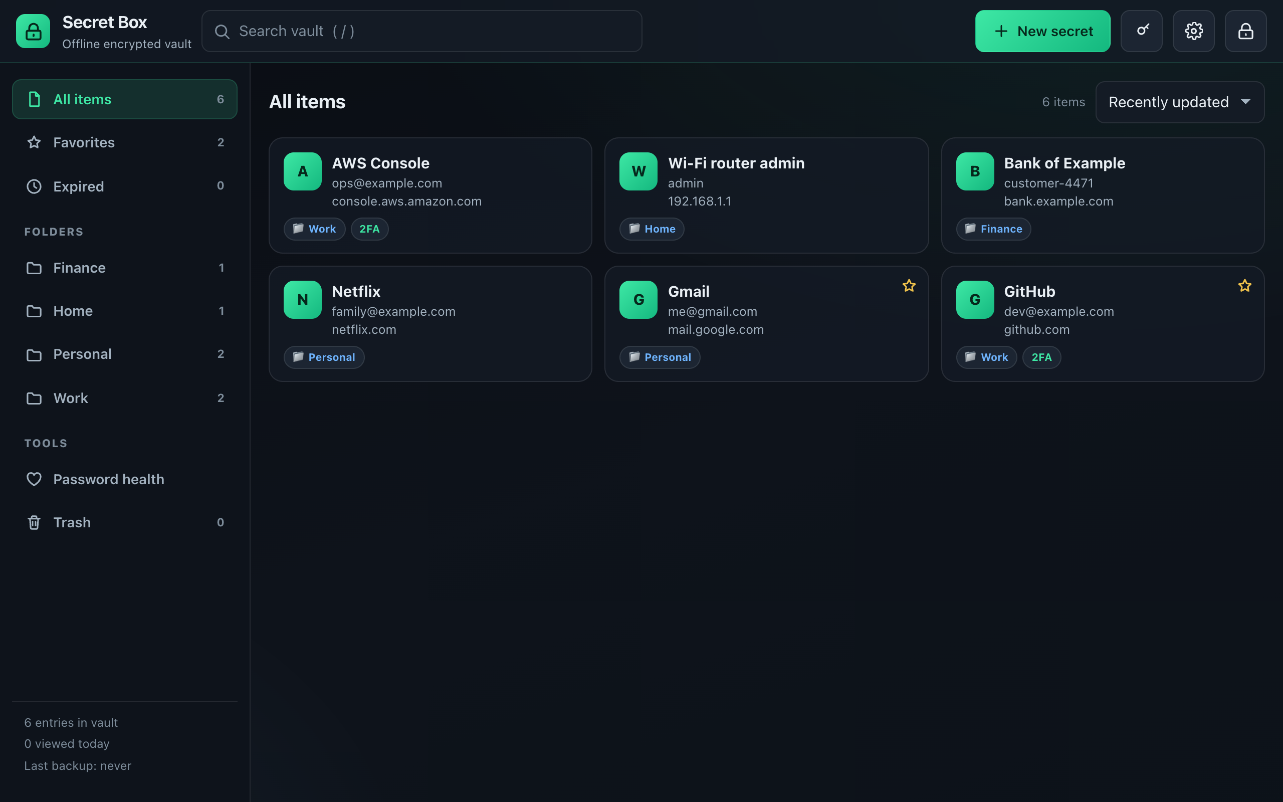Secret Box vault in dark theme, showing entries with folders and 2FA badges