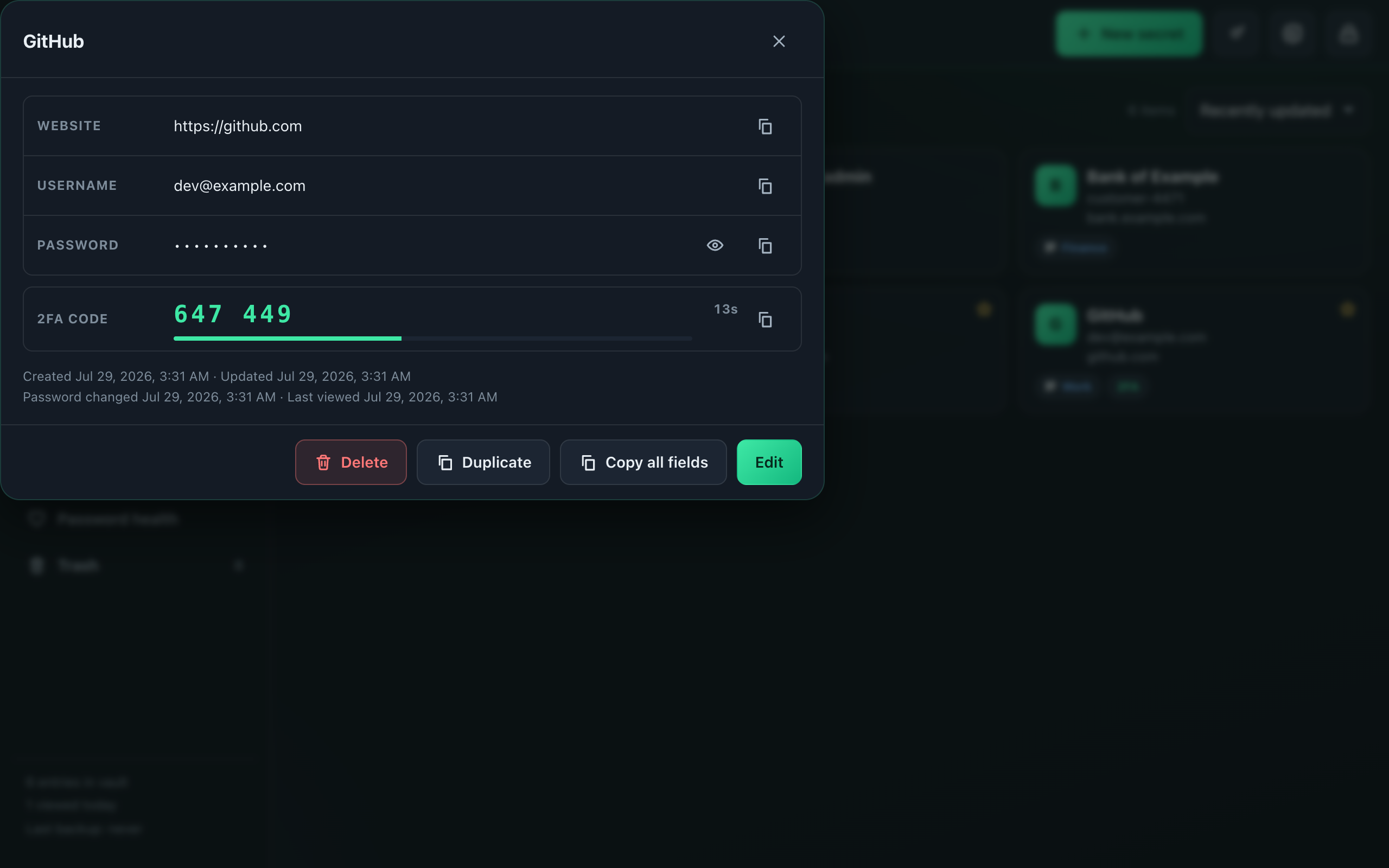 Entry detail with a live 2FA code and countdown